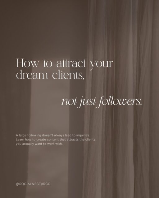 The biggest misconception in social media is that more followers automatically mean more business. A large audience means very little if the people seeing your content will never hire you.

Instead of creating content for everyone, create content for the clients you actually want to work with.

Answer their questions before they ask them.

 Show them how you think.

 Share the expertise behind your work.

 Give them a glimpse into what it’s actually like to work with you.

Because your content shouldn’t just make someone want to follow you, it should make the right client want to hire you. That’s the difference between growing an audience and growing a business.

#dreamclients #clientattraction #brandstrategy #contentmarketing #socialmediastrategy